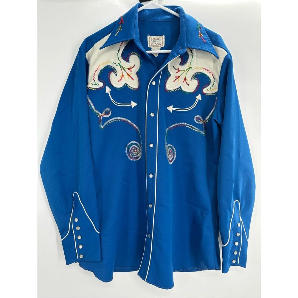 Vintage H Bar C Western Shirt Blue Embroidered Snap Pearl Sz 16.5